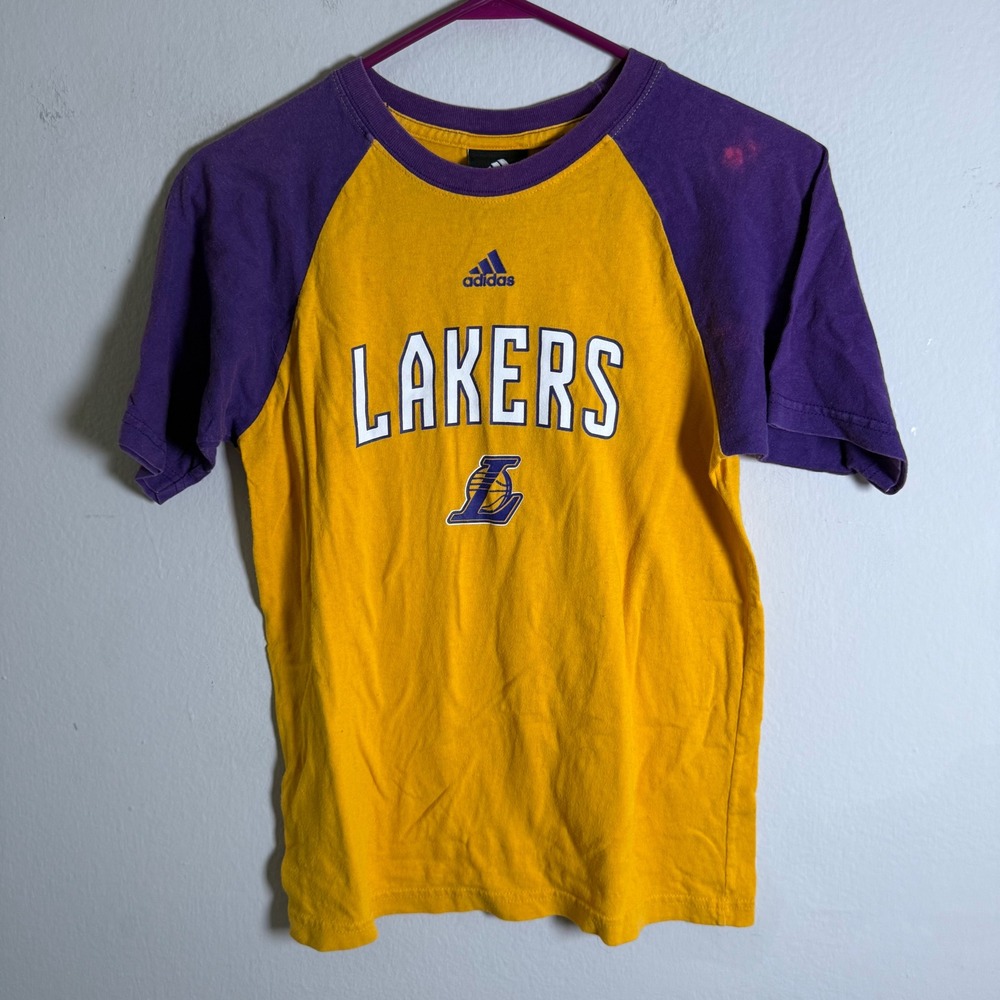 Adidas LA Lakers Kids Raglan T-Shirt Gold Purple NBA Size Medium 10/12 Short Slv